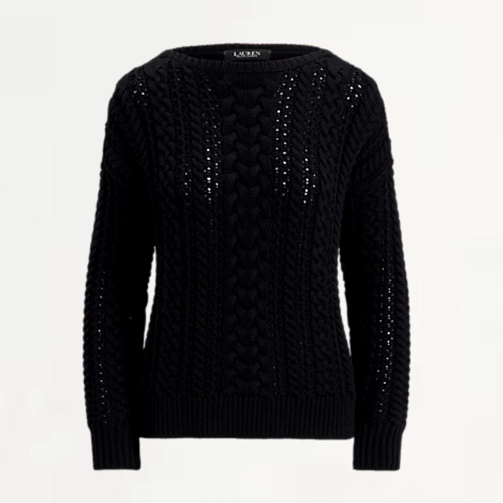 Lauren Ralph Lauren Black Cable-Knit Cotton-Blend Sweater Size L